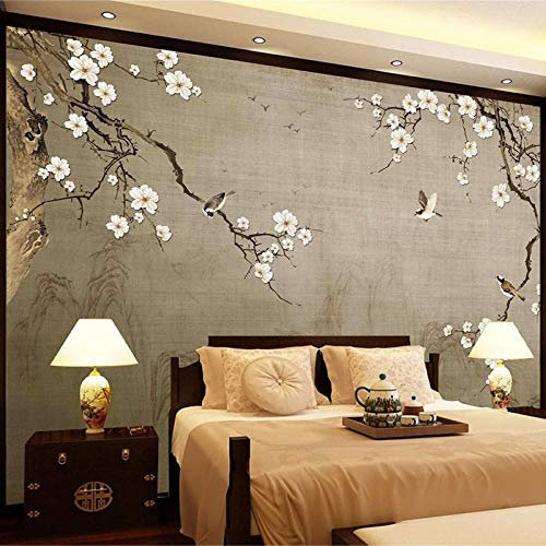 Papier peint Photo Mural-350x250cm Décoration Murale XL-Fleurs de prunier chinois rétro dessinés à la main 3D et oiseaux-Wallpaper Colle Inclus