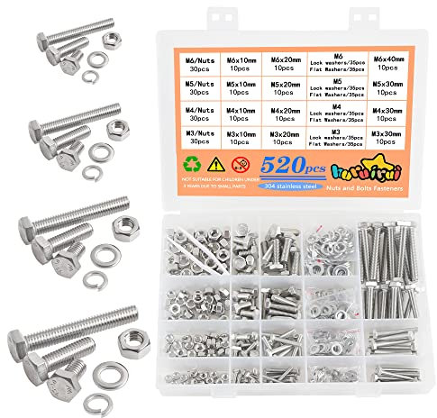 huruirui 520 Stück Schrauben Set M3 M4 M5 M6 Sechskantschrauben Edelstahl 304 Schrauben mit Muttern Unterlegscheiben Maschinenschrauben Gewindeschrauben zur Reparatur von Fahrradmöbelmaschinen