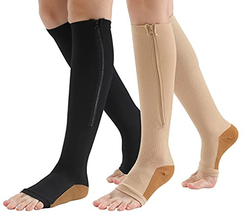 Maeau Kompressionssocken Mit Reißverschluss Für Damen Herren Kompressionsstrümpfe Knielang Für Laufen Sport Radsport Kompressionssocken Zehenfrei 2 Paar