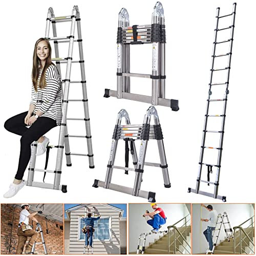 Stainless Steel Portable Folding Extendable Telescopic Ladder with Stabilizer Bar - Multi-purpose, EN131 Standard, Max Load 330LBS (1.9+1.9 M) for Home, Office, Loft Use