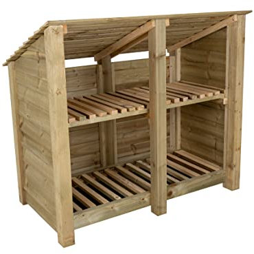 Arbor Garden Solutions Wooden log store 4ft (W-146cm, H-126cm, D-88cm), natural finish (With kindling shelf (Reverse roof))