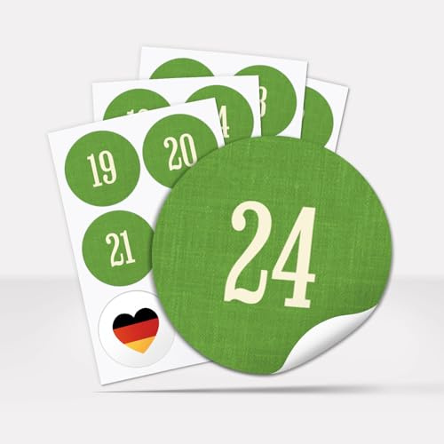 Adventskalender-Zahlen Aufkleber 1 bis 24 / Schlicht auf Grün/Etiketten Kinder Jungen Mädchen/Sticker/Weihnachtskalender/Advent/Rund/DIY/zum Aufkleben