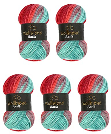 5 x 100 g ullbi batik 500 gram ull med färggradient flerfärgad stickad ull virkull (1420 petrol röd)