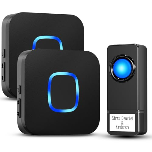 Strex Sonnette sans fil avec 2 récepteurs sur batterie - Plug & Play - 150 mètres - 4 volumes / 58 Mélodies - IP55 Étanche