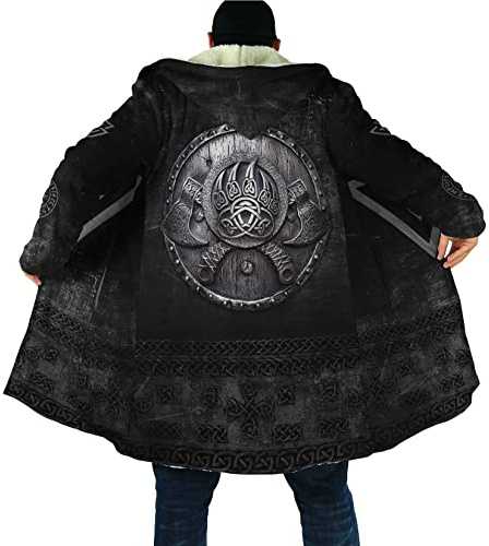 Herren Winter warme Parka Jacke Wikinger Mittelalter Vintage 3D Rüstung Dicker Lammfell gefütterter Mantel Mittellange winddichte Kapuzenjacken