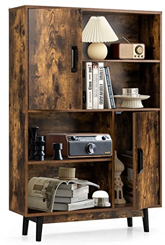 GIANTEX Wohnzimmerschrank Bücherschrank, Bücherregal Standregal 2 Türen & 4 offene Regalen, Beistellschrank Vitrinenschrank Sideboard aus Holz, Holzregal Aufbewahrungsregal Wohnzimmer 80x24x119,5 cm