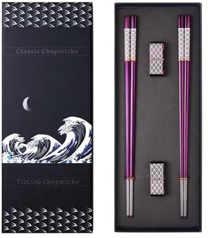 TIICOO Metal Chopsticks Reusable 2 Pairs Titanium Stainless Steel 18/8 Chopsticks with Holder, Dishwasher Safe Lightweight Japanese Style Chopsticks Gift Set (Purple)