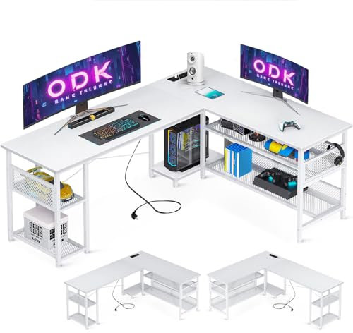 ODK Bureau d'angle Réversible, 168×120 cm Bureau Gaming avec 2 Prises, 2 Ports USB et Grand Espace de Rangement, Blanc