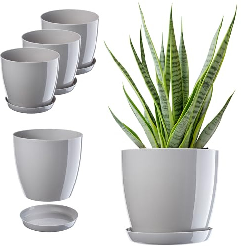 KADAX Blumentopf, Pflanzkübel-Set mit Untersetzer, Blumenkübel aus Kunststoff, runder Pflanztopf für Innenbereich, Übertopf für Blumen und Zimmerpflanzen, Kräutertopf (Set of 3 – 20cm, grau)