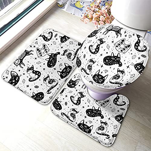 FJAUOQ Hexe Katze Badezimmer Anti-Rutsch-Pad Halloween Gothic Niedlich Kitty Stern Mond Tattoo 3 Stück Badezimmer Teppiche Set, Badematte+Kontur+Toilettendeckelbezug Schwarz Weiß