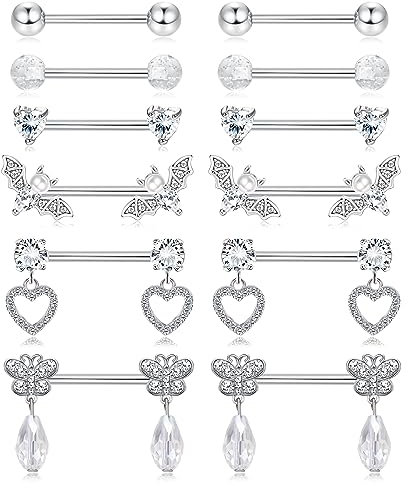 Kakonia 6 Paare 14G Nippelpiercing für Frauen 316L Edelstahl Herz Schmetterling Mond CZ Blume Barbell Nippel Ringe Set niedlich Brustwarzenpiercing-Schmuck