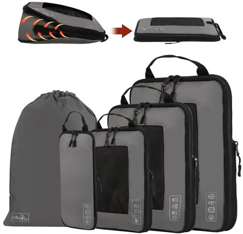 Hoelg Koffer Organizer Packing Cubes Compression 5 Stück, Packwürfel Kompression, Travel Kofferorganizer FüR HandgepäCk Koffer Und Rucksack (Grau)