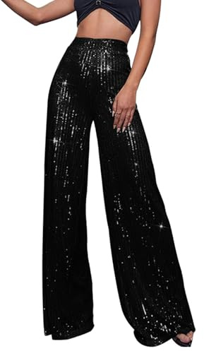 Generic Pailletten Hose Damen Gold-Glitzer Hose Lang Metallic Hose Lang High Waist Baggy Jogginghose Weites Bein Sommerhose Locker Weite Hose Große Größen Paillettenhose Metallic Hosen Büro Pants