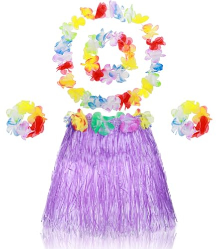 Abeillo Hawaii Hula Rock, 5er Hawaiianischer Hula Grasrock für Mädchen, Hula Tanzrock mit Blumen Kostümzubehör, Hawaiianische Hula Party Verkleidung für Mädchen Tropische Party Dekorationen 40cm Lila