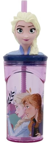 CARTOON Bicchiere con cannuccia con personaggio 3D in plastica riutilizzabile BPA Free capacità 360 ml (Frozen (1))