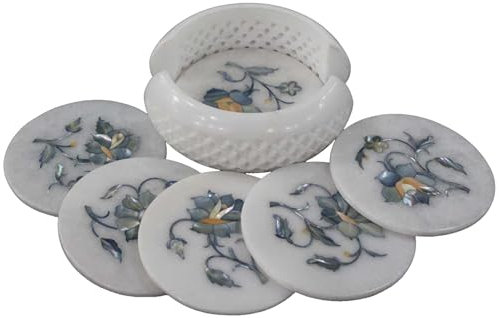4.5 Inches Tea Coaster Set Inlaid with Blue Mother of Pearl Round Shape White Marble Glass Mat from Indian Cottage Art and Crafts