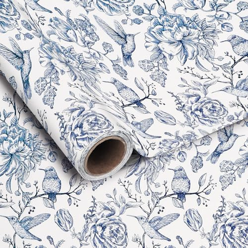 Welpurch Geschenkpapier mit blauem Blumenvogel – 43,2 cm x 10,9 m, blaue Blumen, Vogel Geschenkpapier für Geburtstag, Hochzeit, Babyparty, Party, Geschenkpapier, 1 Rolle