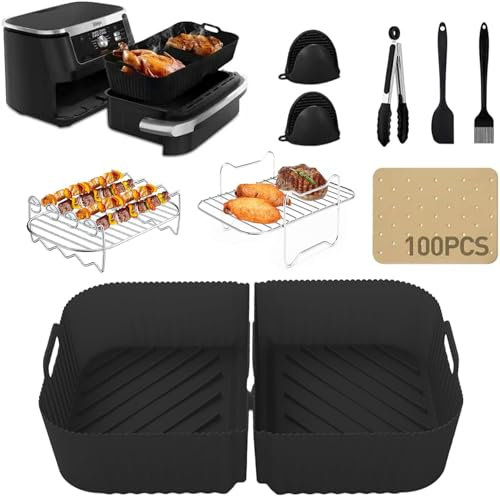 Auauraintt 11 PCS Airfryer Silikonform Zubehör,Wiederverwendbar,für Ninja Foodi Flexdrawer 10,4 L AF500EU,Fritteuse Silikonmatte+Grill+Handschuhe+Clips+Ölbürste+Ölschaber+100 Blatt Ölpapier