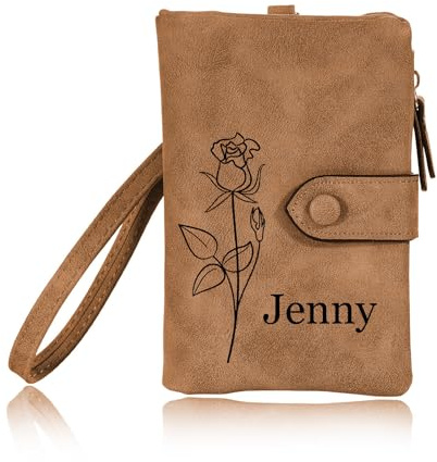 INBLUE Individuelle Leder Geldbörse für Frauen Geburt Blume mit Namen Damen Geldbörse Kleine Münze Geldbörse mit Handgelenk Strap Personalisiertes Geschenk für Muttertag Geburtstag - Braun
