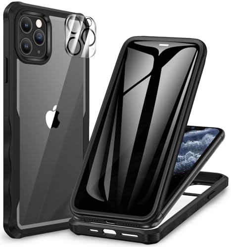 CENHUFO Sichtschutz Hülle für iPhone 11 Pro, mit Eingebautem Privacy Panzerglas Displayschutz und Kameraschutz, 360 Grad Handyhülle Schutzhülle Stoßfest Panzerhülle Anti Spy Cover Case - Schwarz