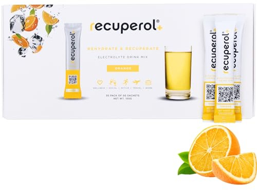 Recuperol Electrolytes Sachets - Rehydration Electrolytes Powder with Zinc, Vitamin C, B12, D3 & Potassium for Hydration - Sugar Free, Vegan & Low Calorie - Orange 30 Pack