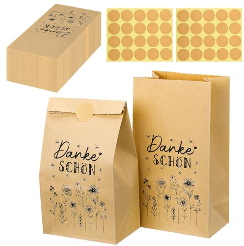 Vyuwast 40 Dankeschön Geschenktüten, 13 x 24 cm Geschenk Kraftpapiertüten mit 40 Danke Aufkleber für Hochzeit, Gastgeschenke, Mitgebsel, Giveaways, Taufe, Konfirmation Kommunion