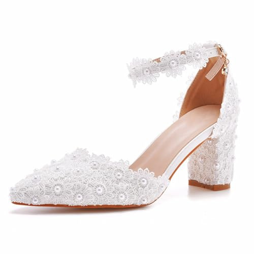 MiaZane Tacones Altos de Encaje Blanco Perla para Mujer - Elegantes Zapatos de Novia con tacón Cuadrado y Correa al Tobillo Bodas, Fiestas y Ropa Formal,Blanca,38 EU