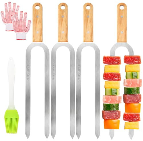 Anyuecoco Kabob Skewers for Grilling,4 PCS - 17 Inch Skewers for kabobs,Double Pronged Flat Skewer,Stainless Steel Skewer,For Koobideh Kebab Persian, Brazilian Style Chicken, Sausages