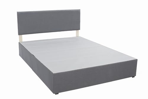 Panana Divan Base with Flat Headboard and Wood Slats, with/without Drawer Option, 3ft 4ft 4ft6 5ft 6ft Sizes, Linen Fabric Grey, No Spring Needed (4FT6 Double, No Drawer)