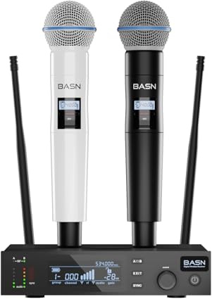 BASN UHF Dual Channel Handheld Wireless Microphone System (Black & White) | Metal Handheld Mics for Stage, Karaoke, Weddings, DJ, and Events