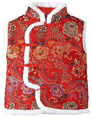 Boys Girls Jacket Gilets Chinese Traditional Tang Suit New Year Gilet Toddler Sleeveless Furry Jacket with Chinese Button Infant Floral Printed Coats Vest Set (Red, 4-5 Years)