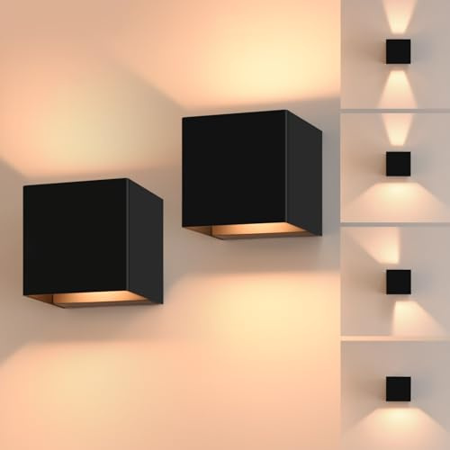 FUDESY 2Pcs LED Wall Lights Indoor, 12W Outdoor Up Down Wall Lamp Sconce Lighting, IP65 Waterproof Black Modern Wall Lights for Living Room Bedroom Hallway Patio Stairs, 3000K Warm White