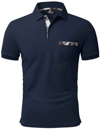 JACKETOWN Herren Poloshirt Kurzarm Kontrastfarbe Karierte Poloshirt Atmungsaktive Elastisch Polo Herren Golf Weicher Stoff Polo Shirt Brusttasche Sommer M-3XL