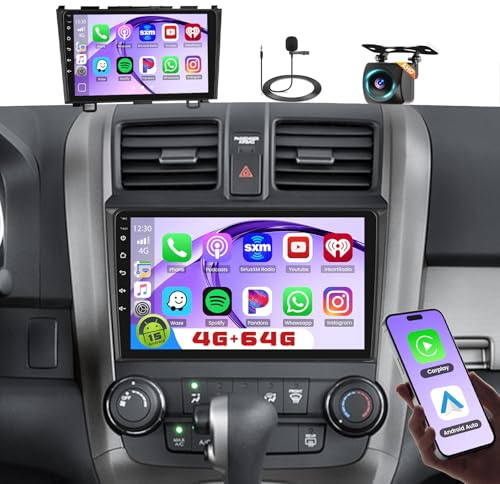 Roinvou 4+64G Radio Coche 2 DIN para Honda CRV 2007-2011 Carplay Inalámbrico Android Auto, Android 15 Pantalla Radio Coche 9 Pulgadas con MirrorLink Bluetooth WiFi GPS 32EQ RDS/FM SWC Cámara