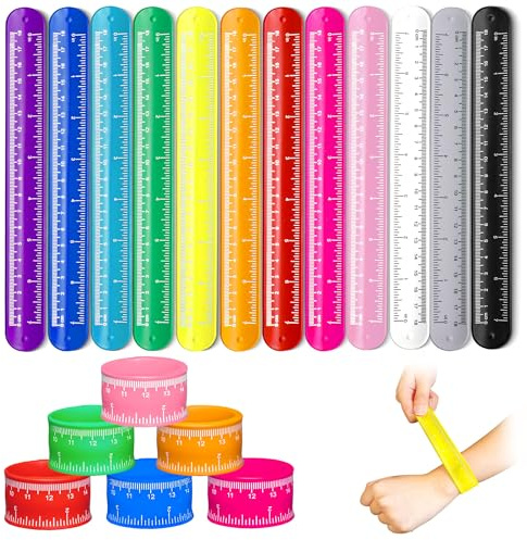 NOVELTY PLACE Ruler Slap Bracelets Silicone Wristband, 12 Colors Silicone Snap Bracelets with Scale for Adult Kids Classroom School Craft Activity Prize Gift Party Costume (Pack of 12)