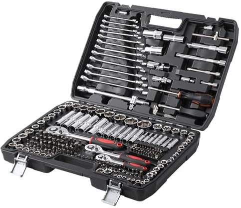 Camiraft Zoll Steckschlüssel Satz 216tlg Werkzeugkoffer mit Ringschlüssel und Maulschlüssel, Ratsche mit Nuss-Set Verlängerung Adapter, Innensechskant-Schlüssel, Ratschenkasten, Zöllig, Knarrenkasten