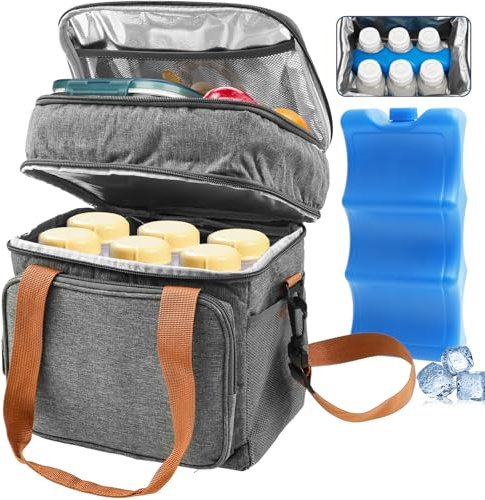 VAVPUP Double Layer Breastmilk Cooler Bag Holds 6 Bottles & Pump Parts,Oxford Fabric Leakproof Nursing Tote for Mums,Small Cooler Lunch Bag,23x27cm Large Insulated Tote for Daycare & Travel (Grey)