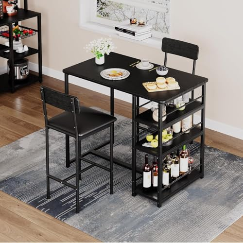Danonlly Ensemble de table à manger avec 2 chaises, comptoirs, table de bar, tabourets de salle à manger en métal et MDF avec 3 étagères pour rangement pour salle à manger, cuisine, 91,6 x 50 x 91,6
