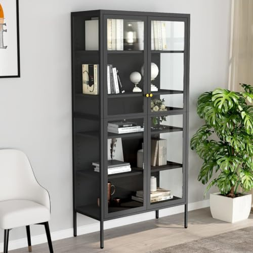 MOBCANT Vitrine Anthrazit 90x40x180 cm Stahl und Gehärtetes Glas, Blechschrank Beistellschrank Werkstattschrank Vitrinenschrank Geeignet für Lagerraum Flur Wohnheim Hotel