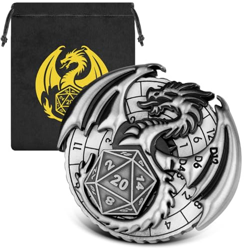 7 in 1 Flying Dragon Fingertip Gyro DND Wheel Dice Spinner DND Starter Set 7 in 1 Metall D&D Würfel Set D&D Geschenke mit Drachenlogo Geschenktüte Tischspiele Rollenspiel Brettspiel Zubehör Silber