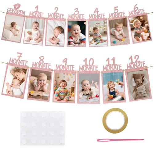 APKOL Foto Banner guirnalda de 1 año para bebés 1 a 12 meses, 1er Cumpleaños Guirnalda Fotos Primer Año, Banner con Banderines para Primer Cumpleaños Decoraciones per Niño para Baby Shower,Rosa