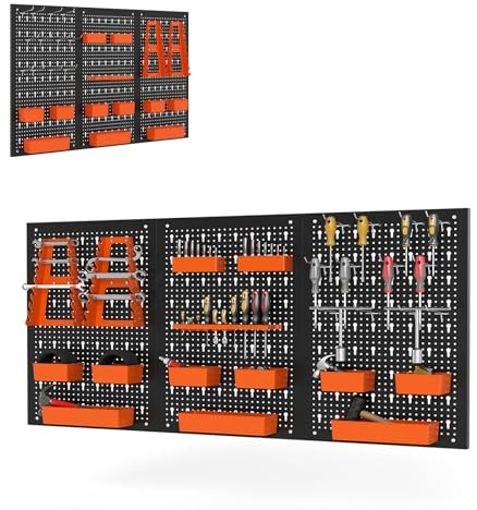 SOARS Porte Outils Mural 120 X 60 CM, Rangement Outils en Métal en 3 Panneaux Perforé avec Kit de 29 Crochets, Stable et Robuste, pour Garage, Atelier, Atelier de Réparation (Noir+Orange)