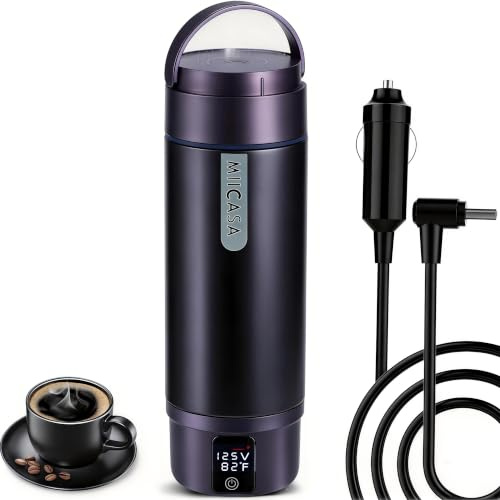 Vacuum Insulated Car Electric Kettle,Miicasa Stainless Steel Tumbler Car Water Heater,12V/24V Water Boiler with 6 Temperature and Auto Shut-Off Boil Dry,16oz