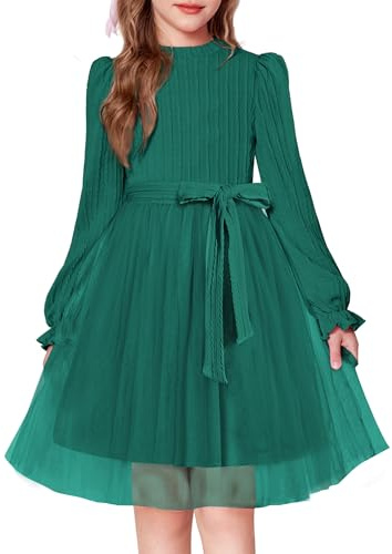 Arshiner Robes Filles Manches Longues Vert Noël Festive Enfants Trapèze Robe De Soirée Épaisse Automne Hiver Robe Mode Couleur Unie Robes De Soirée Vêtements Enfants 6-7 Ans