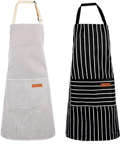 KALIONE 2 Packs Unisex Adjustable Kitchen Apron with Pockets for Cooking, Chef, Home Kitchen, Restaurant, Coffee House, Black+Grey