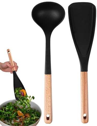 dzqad Spatule Cuillère en Silicone,Manche en Bois Antiadhésif et Résistant à la Chaleur,Set De Cuillères En Silicone Avec Manche En Bois | Pour Salade Soupe Pâtisserie Mélange Service