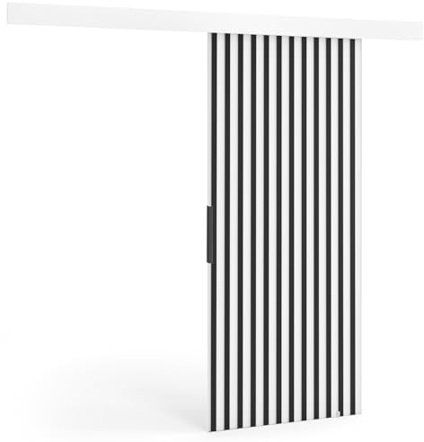 VIKK - Schiebetür Komplettset mit Tür - Schiebetüren - H 205cm, B 96cm - für Nischen, Flur, Abstellraum, Garderobe - Einseitig Bedienbar, mit Rollensystem - Modell: HALL - Weiß, mit Lamellen Schwarz