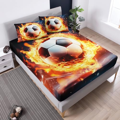 UEVBF Soccer Print Themed Fitted Sheet Twin Size,Gaming Sport Football Bedding Set for Kid Teens Boys Room Decor,Soccer with Fire Sports Bed Sets,No Flat Sheets,1 Fitted Sheet+2 Pillowcases.