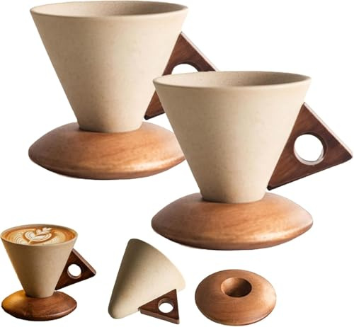 Juego de tazas de café de cerámica vintage de 250 ml con mango triangular de madera y platillo base, taza retro irregular creativa para casa, oficina, fiesta, restaurante (2 piezas)