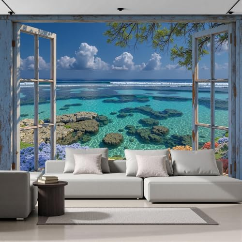 Murales 3D De Seda, Pintado Panorámico Vista Al Mar Ventana Mural Para Artística, Papel Tapiz Fotomurales Océano Arrecife Decoración Póster De Pared Salón Dormitorio, 200 x 140cm